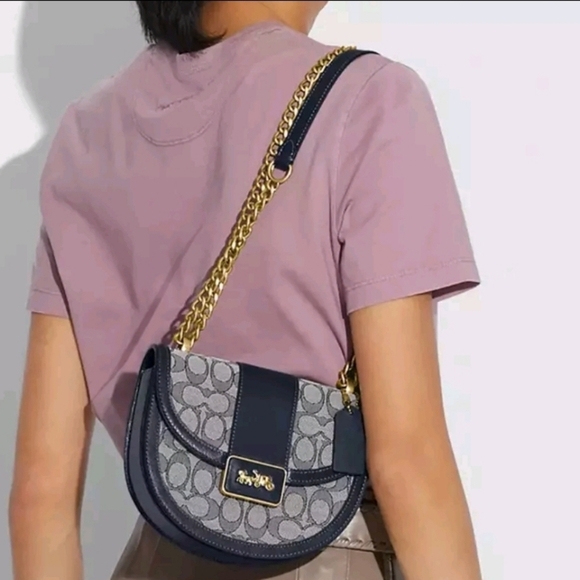 Coach Alie Saddle Crossbody Bag Navy Blue and Gold Signature Jacquard Purse - Picture 2 of 13